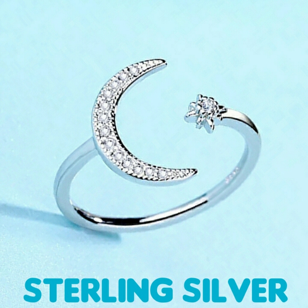 Sterling Silver Crescent Moon & Star Ring - Picture 3 of 7